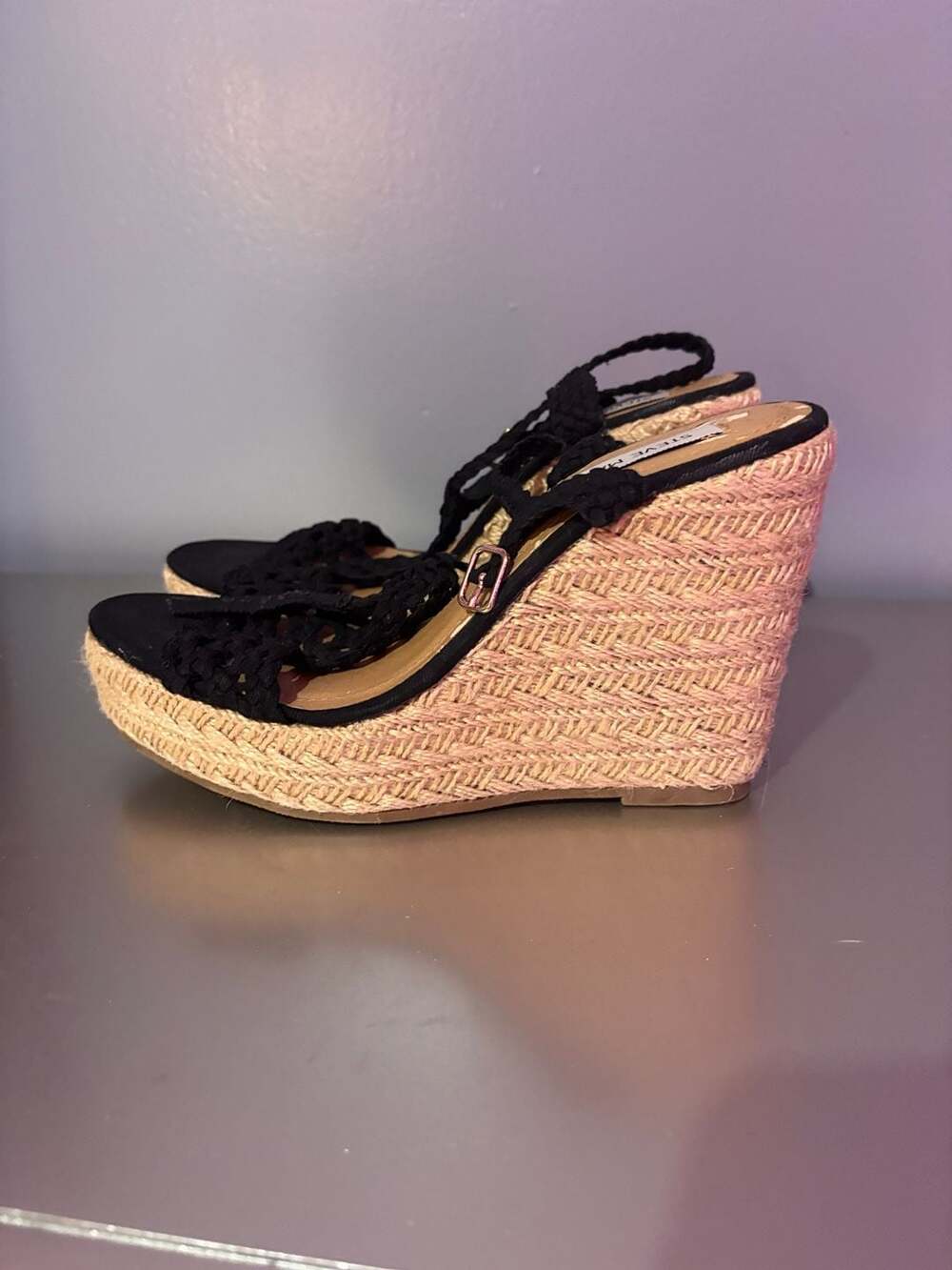 Steve Madden Black Woven Espadrille Wedge Sandals Sz 8